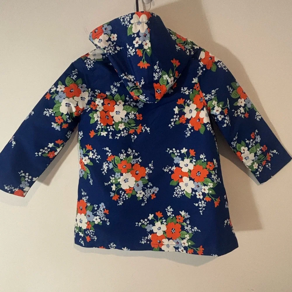 Gymboree Small 5-6 Floral Blue Raincoat Velcro Closure Hood Spring